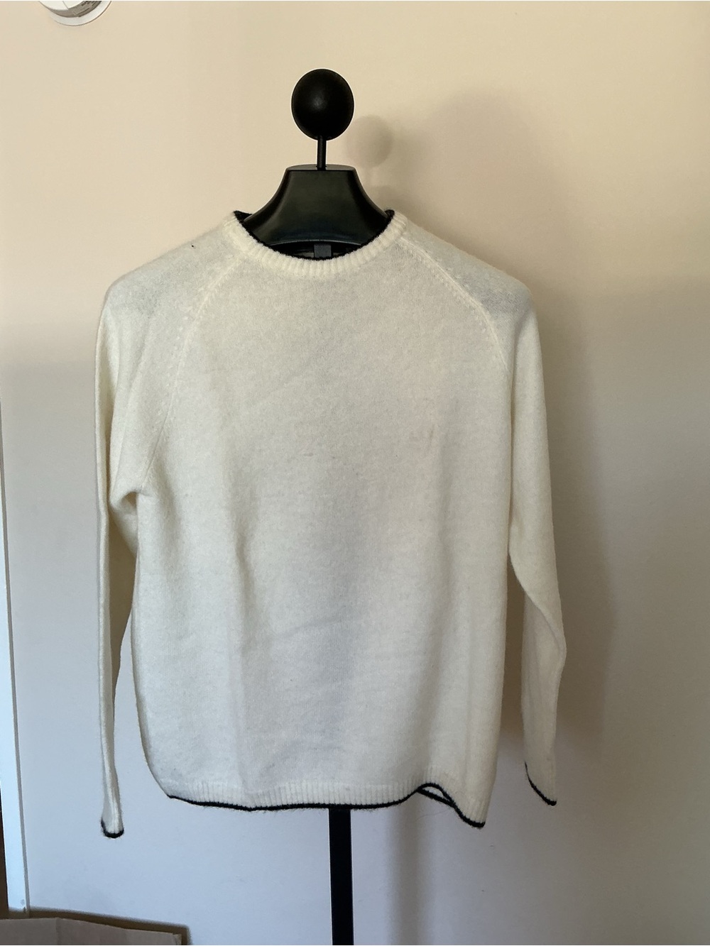 Stitch Note Cream Crewneck Sweater with Black Trim